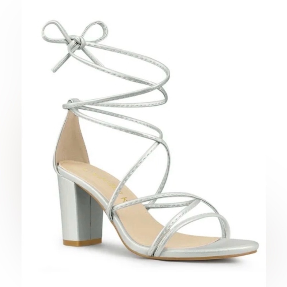 Allegra K Silver Strappy Block Heels